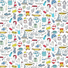 Seamless pattern hand drawn doodle Water sports icon set. Vector illustration Symbols collection Cartoon various elements: jetski, wakeboard, waterski, surfing, kayak, kitesurfing, paddle, parasailing