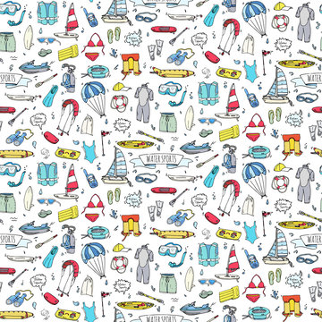 Seamless pattern hand drawn doodle Water sports icon set. Vector illustration Symbols collection Cartoon various elements: jetski, wakeboard, waterski, surfing, kayak, kitesurfing, paddle, parasailing