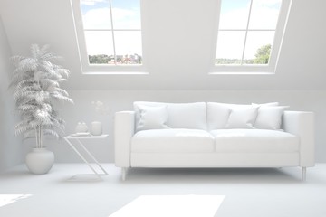 White room with sofa and green landscape in window. Scandinavian interior design. 3D illustration