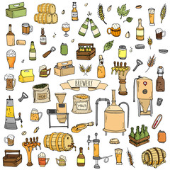 Hand drawn doodle set of Brewery icons. Vector illustration set. Cartoon Craft Beer production symbols. Sketchy brewing elements collection: pub equipment, malt, hop, glass, barrel, mill, beer tap.