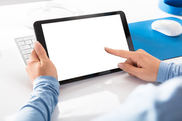 Woman Holding Blank Digital Tablet