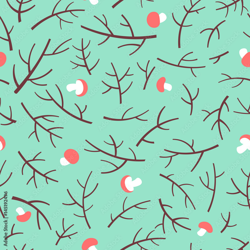 Aufkleber seamless pattern with tree branch and mushrooms over green background.