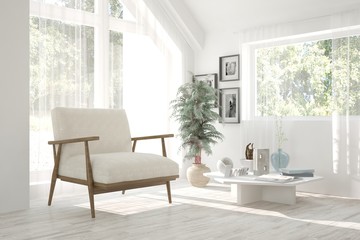 White room with armchair and green landscape in window. Scandinavian interior design. 3D illustration