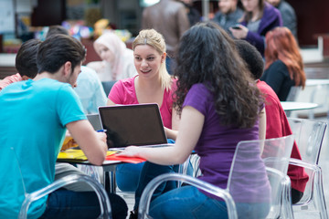 A group of teenagers sitting at the table in cafe, using laptop and drinking orange juice.