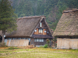 Fototapeta na wymiar Traditional and Historical Japanese village Shirakawago, Japan - December 22, 2016 : The view of Traditional Japanese village Shirakawago in autumn season
