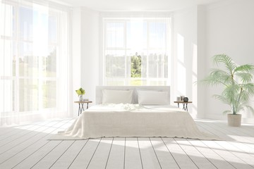 Fototapeta na wymiar White bedroom with green landscape in window. Scandinavian interior design. 3D illustration