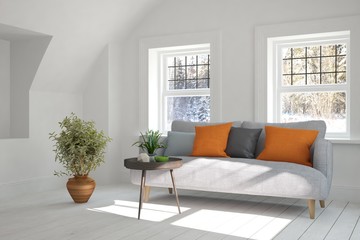 White room with sofa and winter landscape in window. Scandinavian interior design. 3D illustration