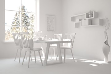 White dinner room. Scandinavian interior design. 3D illustration