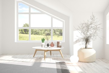 White empty room with green landscape in window. Scandinavian interior design. 3D illustration