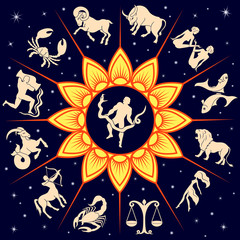Twelve traditional silhouettes of zodiac signs around the Sun and one new alternative sign Ophiuchus in the center, vector illustration with background of dark blue starry sky