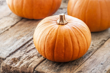 three pumpkins on wooden background