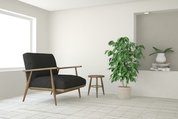 White modern room with armchair. Scandinavian interior design. 3D illustration