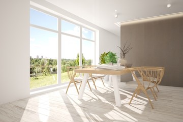 White dinner room with green landscape in window. Scandinavian interior design. 3D illustration