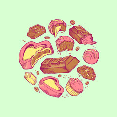 Vector set of colored sketch bitten chocolates. Sweet rolls, bars, glazed, cocoa beans located around.