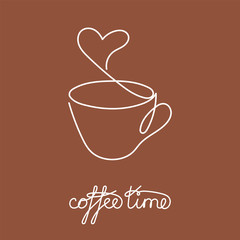 Continuous line cup of hot tea or coffee with steam and brown decoration