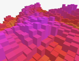 Colorful 3d voxel landscape. Heatmap surface made of rectangular blocks. Cubical model of futuristic game terrain. Hue data visualization. Modern abstract vector illustration. Element of design.