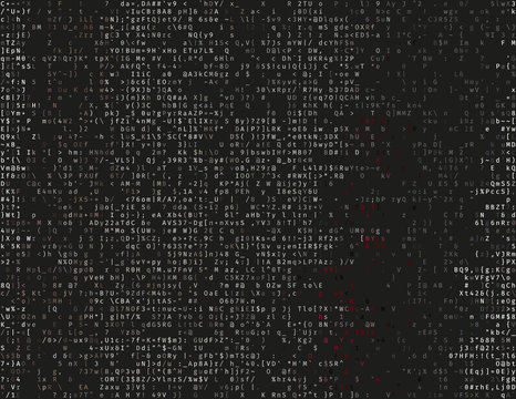 Corrupted source code. Modern vector illustration about computer security. Abstract ascii glitch background. Fatal programming error. Buffer overflow problem. Random signal error. Element of design.