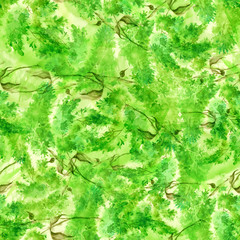 Fototapeta na wymiar Watercolor green abstract vintage seamless background, pattern. With a vegetative pattern, leaves, stems, flowers, bloom, Twigs, splash of paint. Use in design, fabrics and so on. Autumn background.