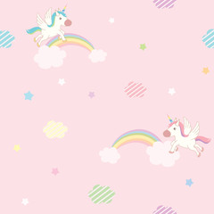 Unicorns flying on pink sky decorated with rainbow cloud and star design for seamless pattern.