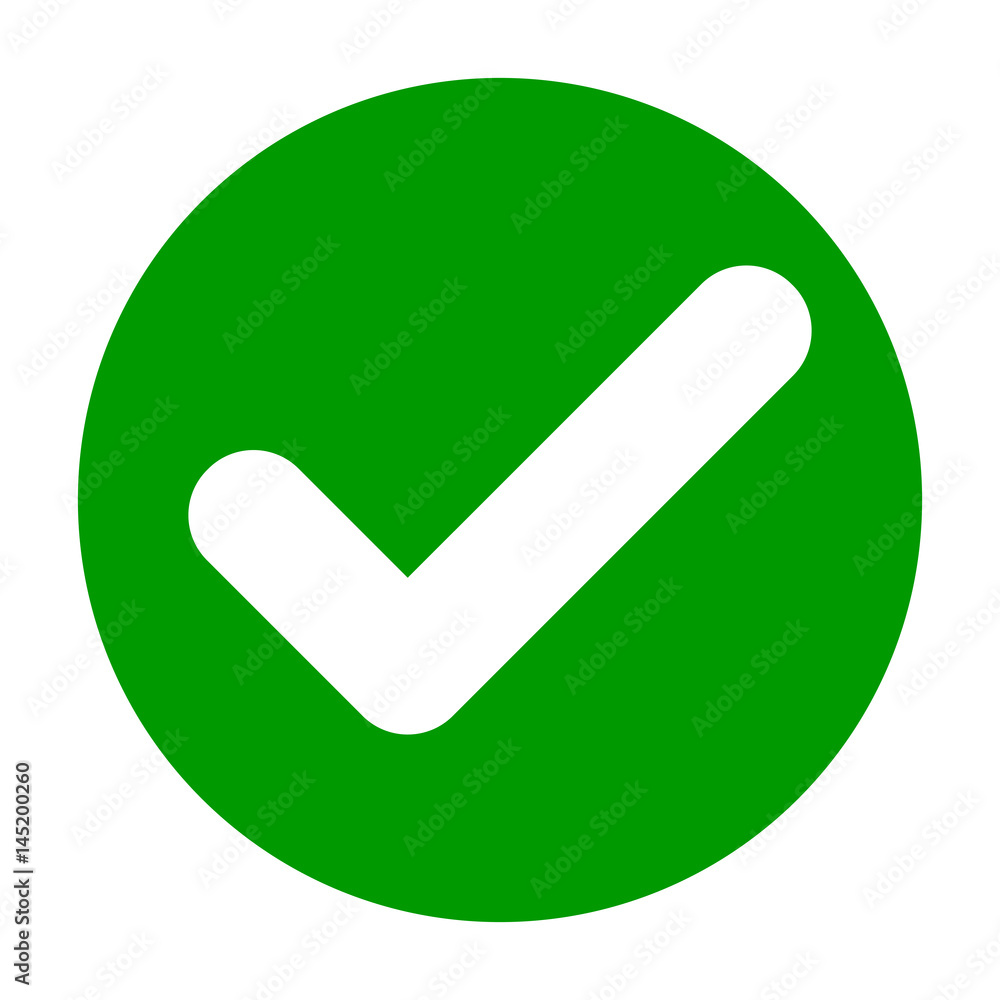 Poster flat round check mark green icon, button. tick symbol isolated on white background. vector illustrat