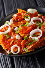 Mexican chilaquiles with chicken closeup on a plate. vertical