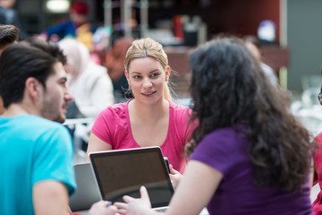 A group of teenagers sitting at the table in cafe, using laptop and drinking orange juice.