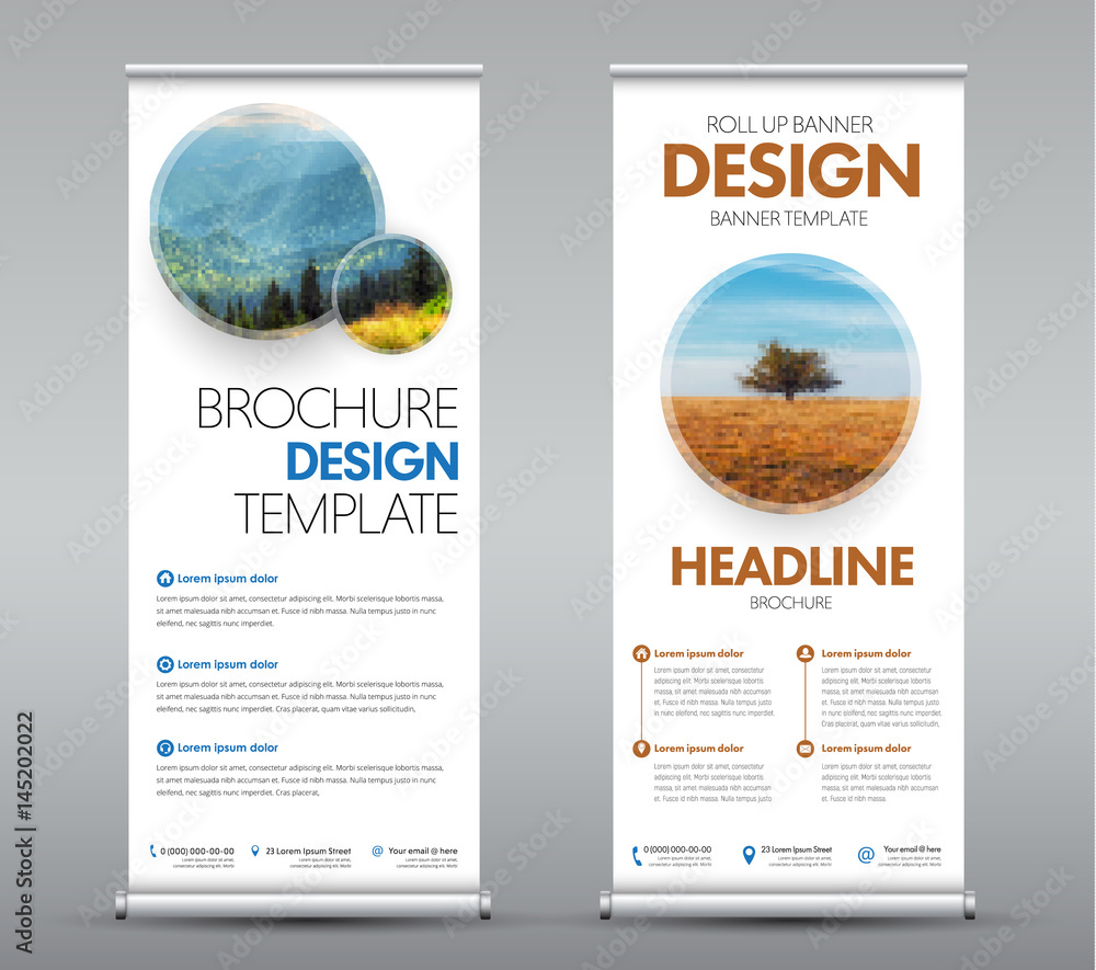 Poster Templates roll up banners with round design elements with shadow for your photo or image. A set of vertical brochures with space for photo, text and information. Vector illustration
