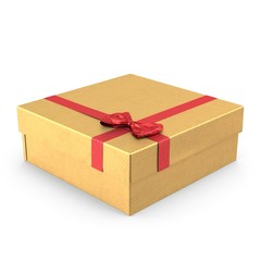 Yellow giftbox with red striped wrapping paper on white. 3D illustration