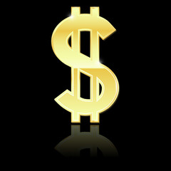 US Dollar golden shiny sign on black background