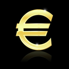 Euro golden shiny sign on black background