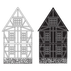 Old german house with wooden beams. Outline drawing