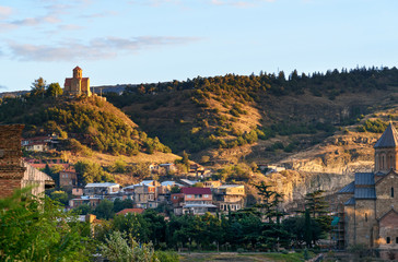 View of old city and Tabor Monastery at sunset. Tbilisi, Georgia