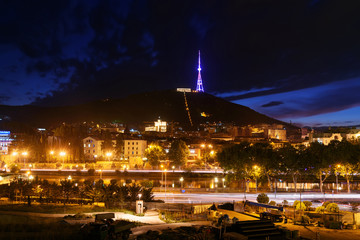 Fototapeta na wymiar Television tower on the Mtatsminda mountain at night. Tbilisi, Georgia
