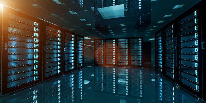 Dark server room data center storage 3D rendering