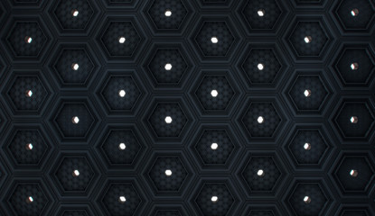 Dark background of 3d hexagon and light points.