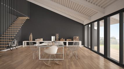 Minimalist white and gray office, architect and planning department, scandinavian interior design