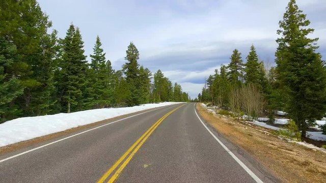 Incredibly beautiful landscape in Bryce Canyon spring road driving POV. Geological formation weather water erosion. Nature ecological sensitive landscape and tourist destination.