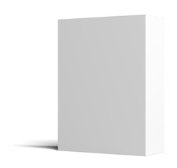 A white empty cardboard box stands half a turn