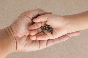 top view father's hand is holding the hand of the seeded child on hand.