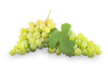 Fresh green grapes with leaves. Isolated on white