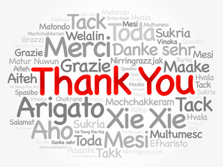 Thank You Word Cloud background, all languages, multilingual for education or thanksgiving day
