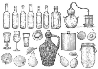 Spirit, alcohol, palinka stuff illustration, drawing, engraving, ink, line art, vector