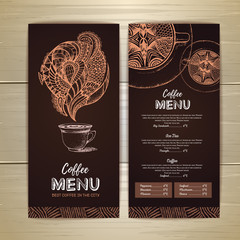 Coffee menu design. Decorative sketch of cup of coffee or tea