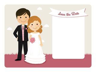 Cartoon wedding invitation with a smiling couple
