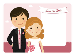 Cartoon wedding invitation with a pink sky