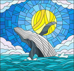 Fototapeta premium Illustration in stained glass style with a whale on the background of water ,cloud, sky and sun