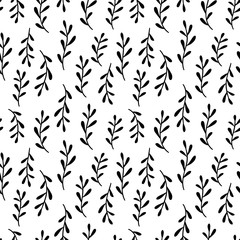 Black and white floral background. Monochrome branches, leaves vector seamless pattern, japanese style.