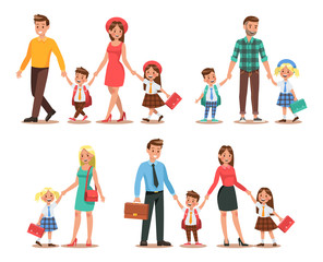 Family lifestyle. Parents take their children to the school in the morning. Happy kids go to school.