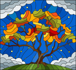 Illustration in stained glass style with autumn tree on sky background with the stars