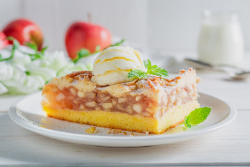 Closeup of apple pie and ice cream made of apples